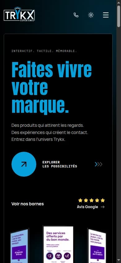 Version mobile de la page d’accueil du nouveau site Trykx