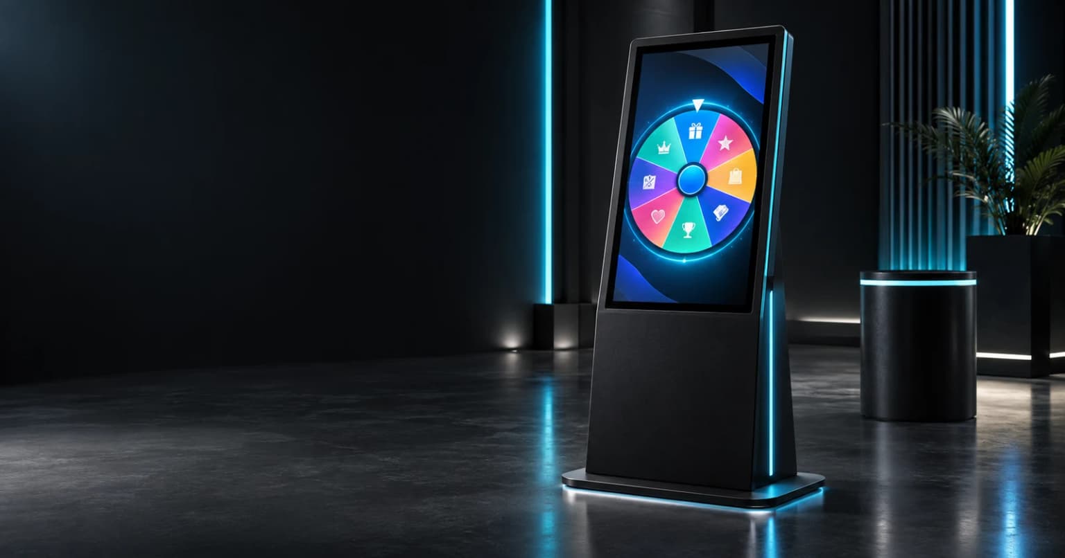 Borne tactile présentant une roue de fortune colorée dans un studio événementiel
