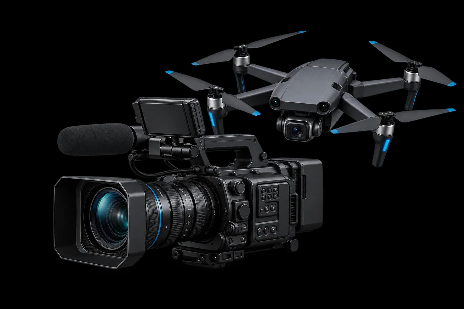 Caméra professionnelle et drone dans un décor cinématographique