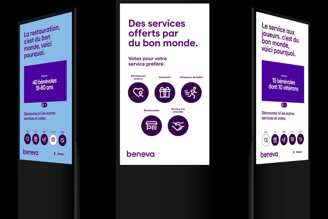 3 bornes interactives avec logo de Beneva